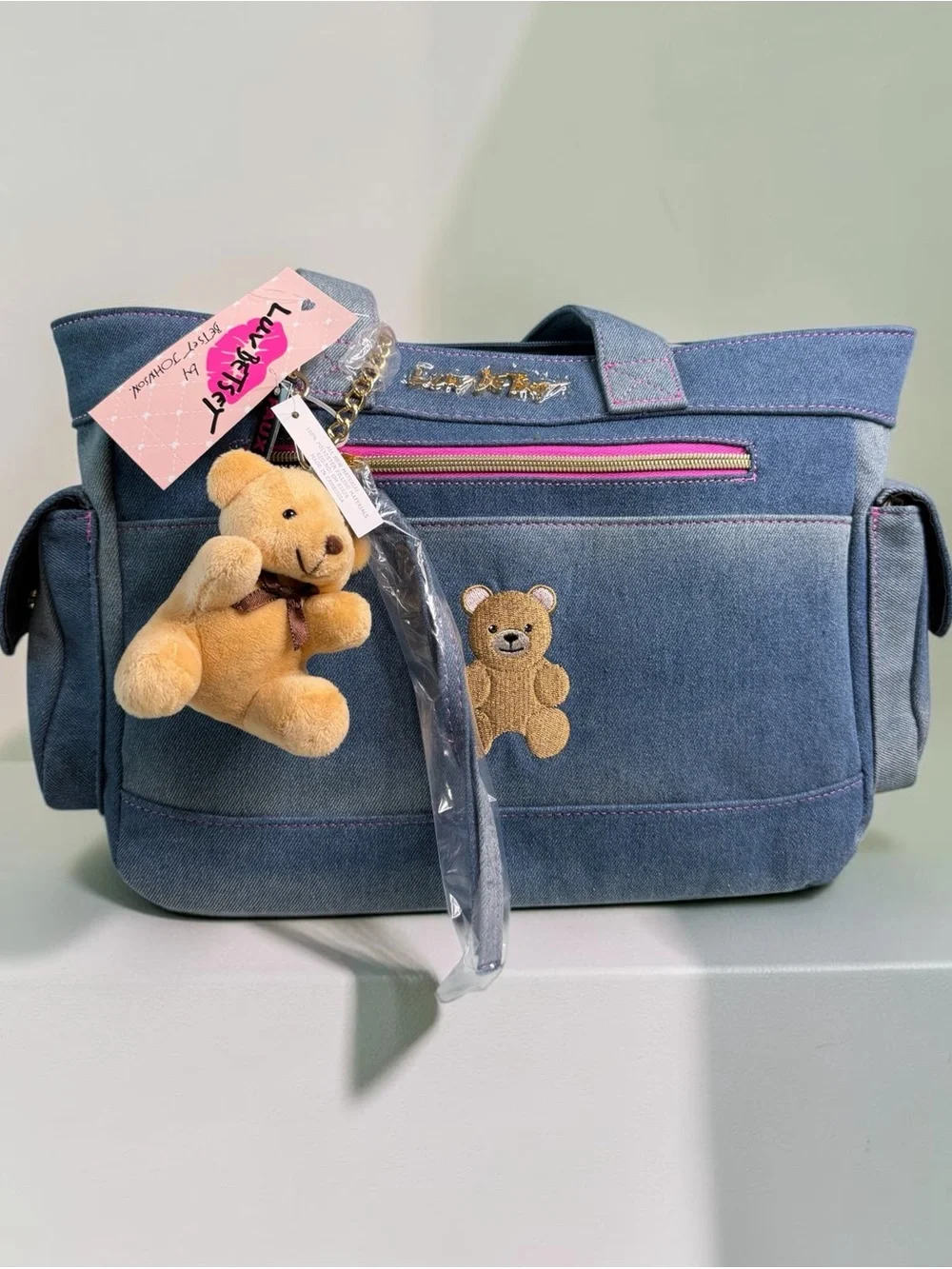 Denim Teddy Tote Bag with Bear Charm - Blue